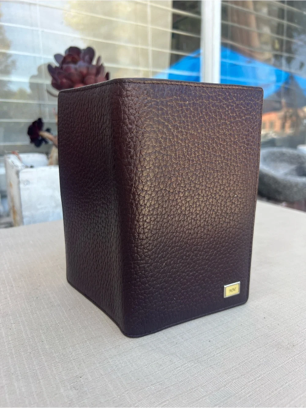 Dark Brown Pebbled Leather Card & Key Holder with Gold Plaque